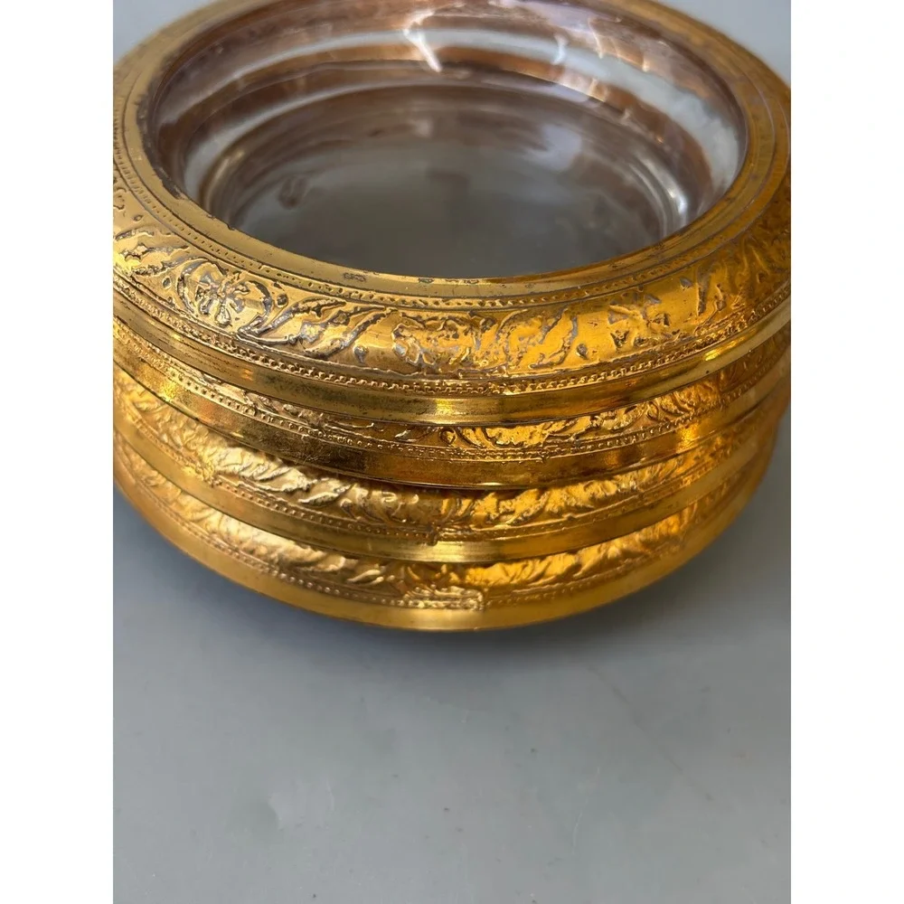 Vtg 4 Pc‎ Glass Coasters with Ornate Gold Tone Metal Rims Floral Embossed